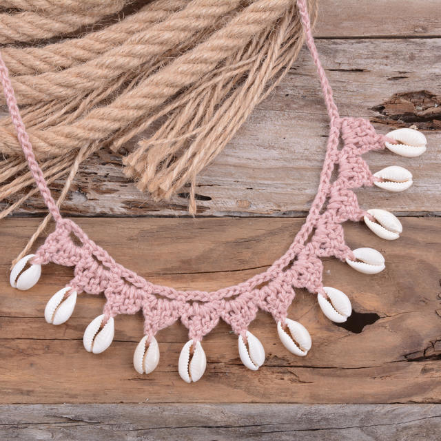 Boho handmade corchet shell tassel choker necklace