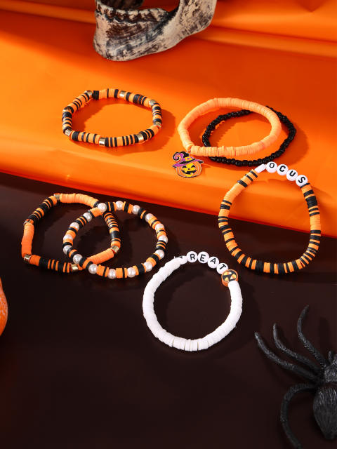 6pcs halloween orange black color clay bead bracelet set