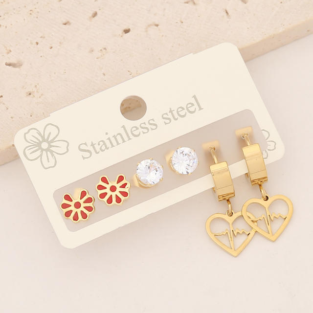 3 pairs cute stainless steel studs huggie earrings set