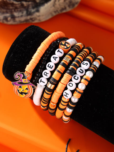 6pcs halloween orange black color clay bead bracelet set