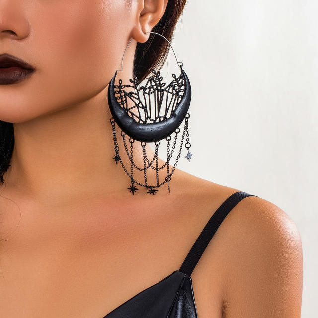 Halloween black flower tassel gothic hoop earrings for women
