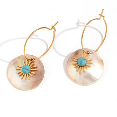 18KG turquoise sunflower round shape dangle stainless steel hoop earrings