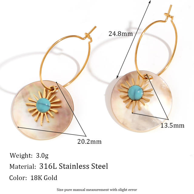 18KG turquoise sunflower round shape dangle stainless steel hoop earrings
