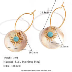 18KG turquoise sunflower round shape dangle stainless steel hoop earrings