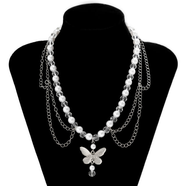 Y2K imitation pearl bead cross pendant lolita necklace