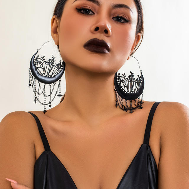 Halloween black flower tassel gothic hoop earrings for women