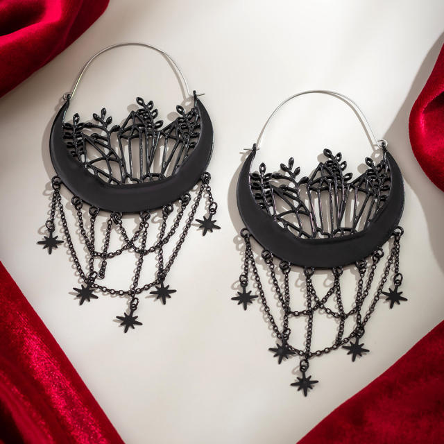 Halloween black flower tassel gothic hoop earrings for women