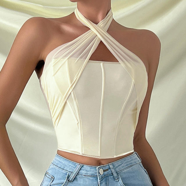 Sexy apricot mesh halter neck corset tops for women