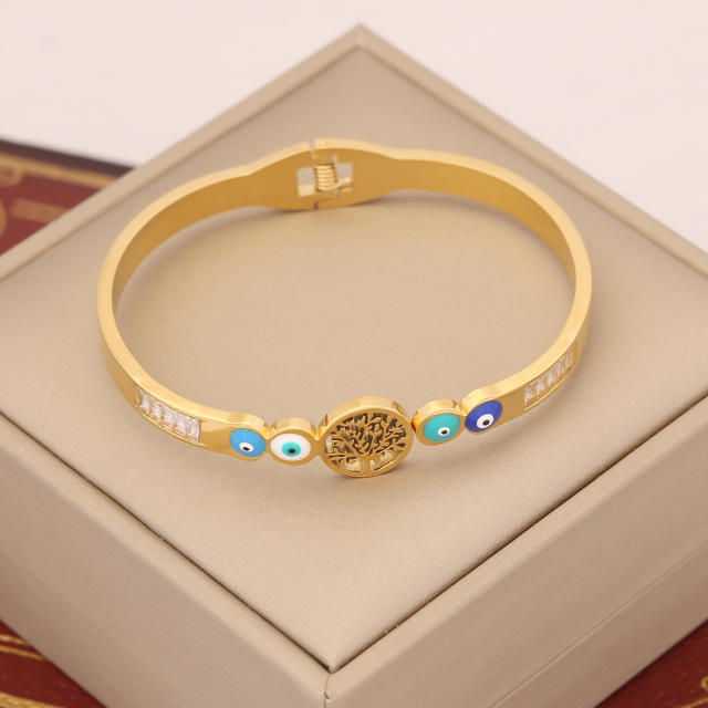 Gold color enamel evil eye daisy flower stainless steel bangle