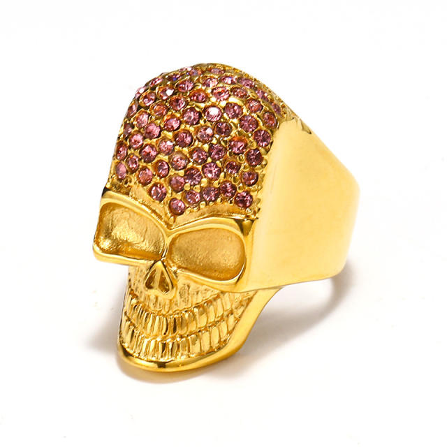 Halloween pave setting cubic zircon skull head stainless steel finger rings punk
