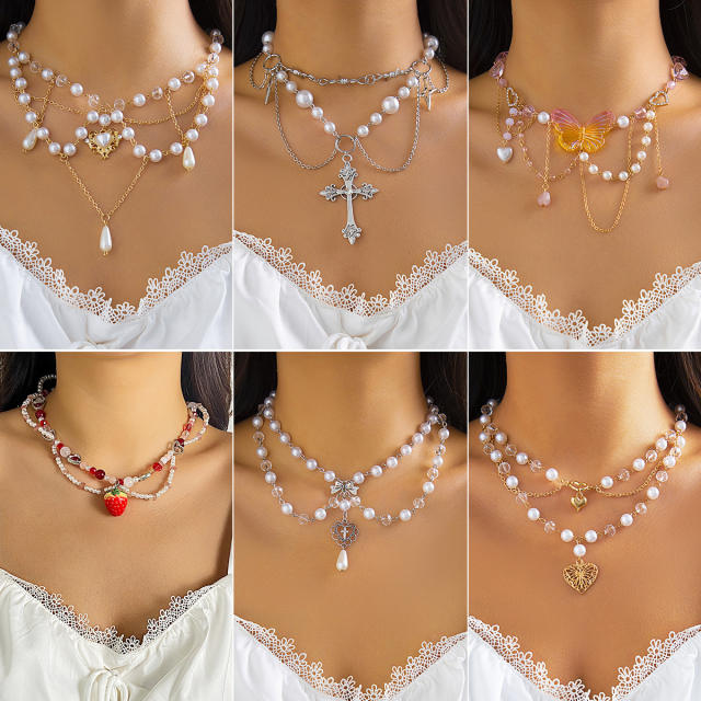 Y2K imitation pearl bead cross pendant lolita necklace