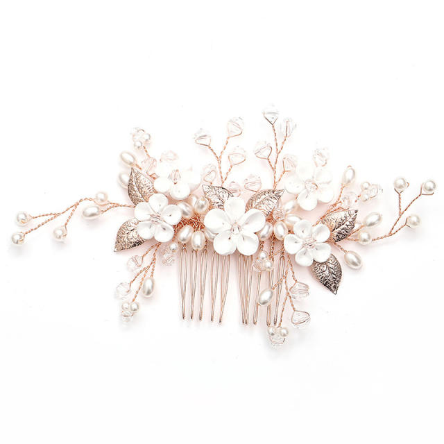 Handmade clay bead flower pearl wedding hair combs