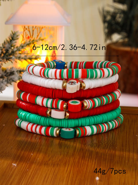 7PCS Green red white clay bead elastic christmas bracelet