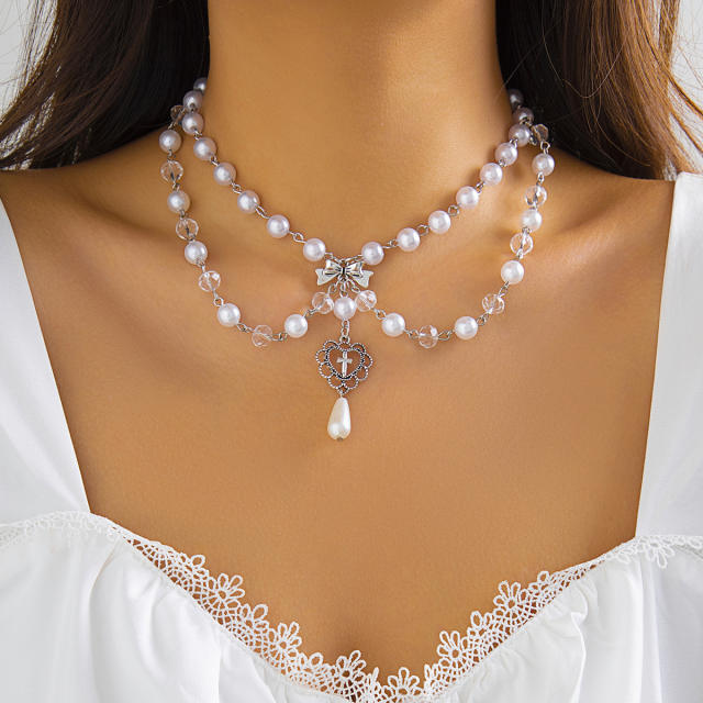 Y2K imitation pearl bead cross pendant lolita necklace