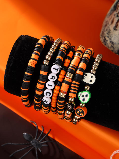 7pcs Halloween skull ghost clay bead elastic bracelet set