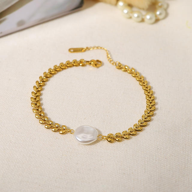 18KG baroque pearl wheat chain stainless steel bracelet