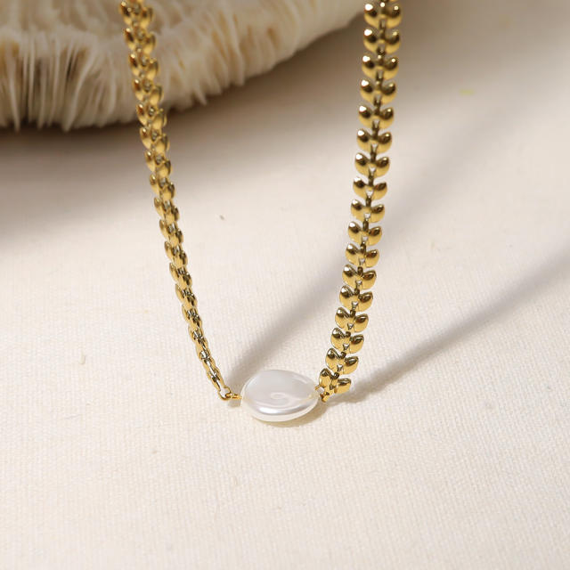 Easy match baroque pearl stainless steel wheat necklace