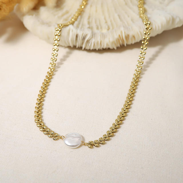 Easy match baroque pearl stainless steel wheat necklace