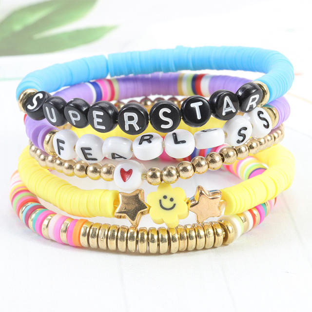 Hot sale colorful clay bead letter layer bracelet set