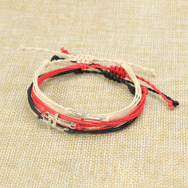 Hot sale silver side cross waterproof wax rope surfing bracelet friendship bracelet couple bracelet