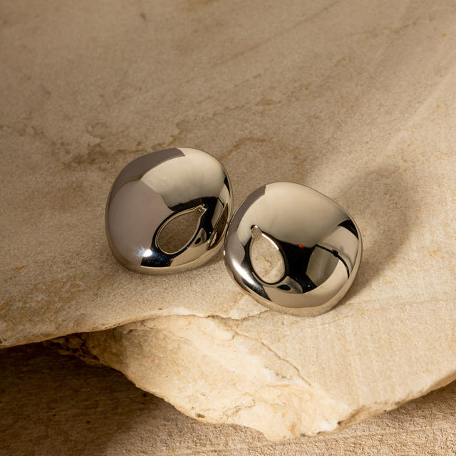 Chunky hollow out hole silver color stainless steel studs earrings