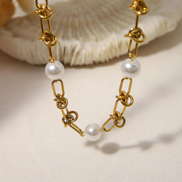 18KG pearl bead knotted stainless steel chain necklace