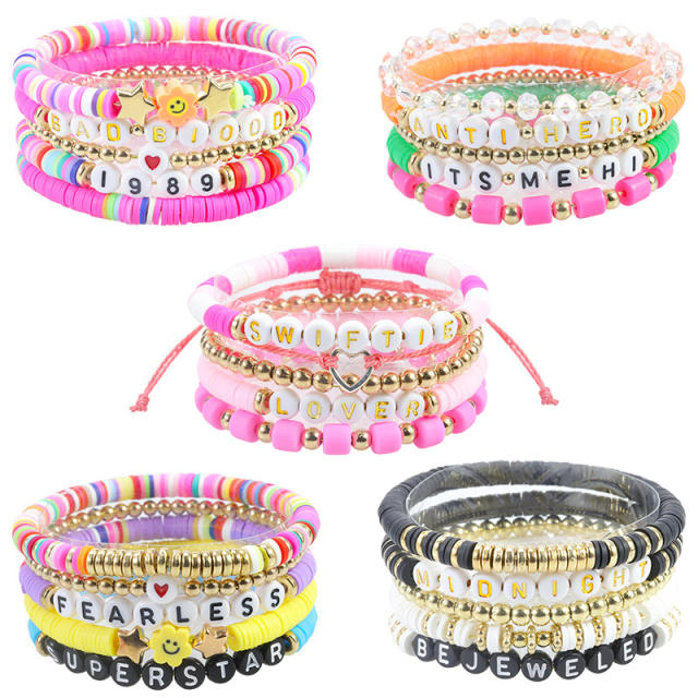 Hot sale colorful clay bead letter layer bracelet set