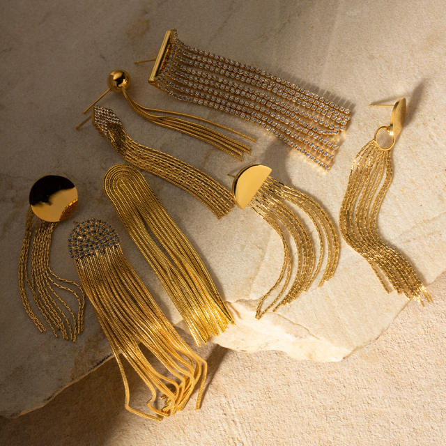 18KG party gold color chain tassel stainless steel earrings