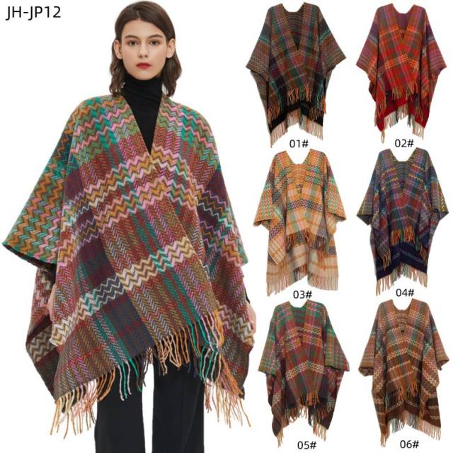 Fall winter classic plaid pattern warm shawl for women