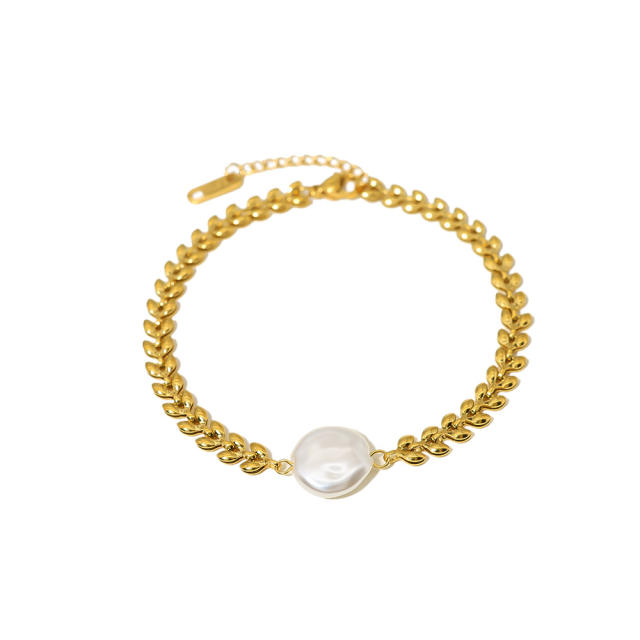 18KG baroque pearl wheat chain stainless steel bracelet