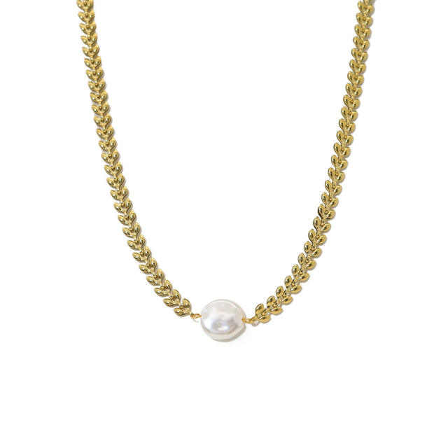 Easy match baroque pearl stainless steel wheat necklace