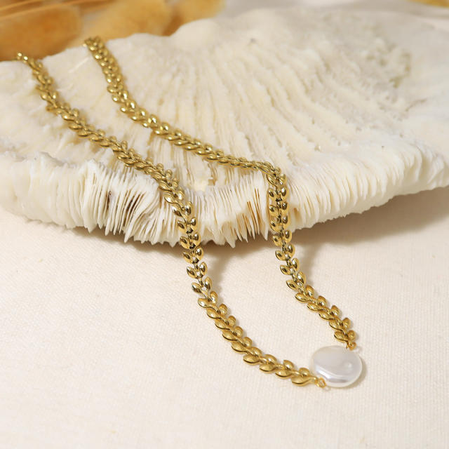 Easy match baroque pearl stainless steel wheat necklace