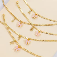 Delicate two layer pink butterfly diamond initial letter charm coppe anklet for women