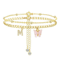 Delicate two layer pink butterfly diamond initial letter charm coppe anklet for women