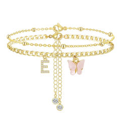 Delicate two layer pink butterfly diamond initial letter charm coppe anklet for women