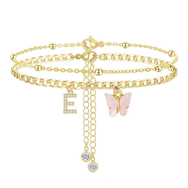 Delicate two layer pink butterfly diamond initial letter charm coppe anklet for women