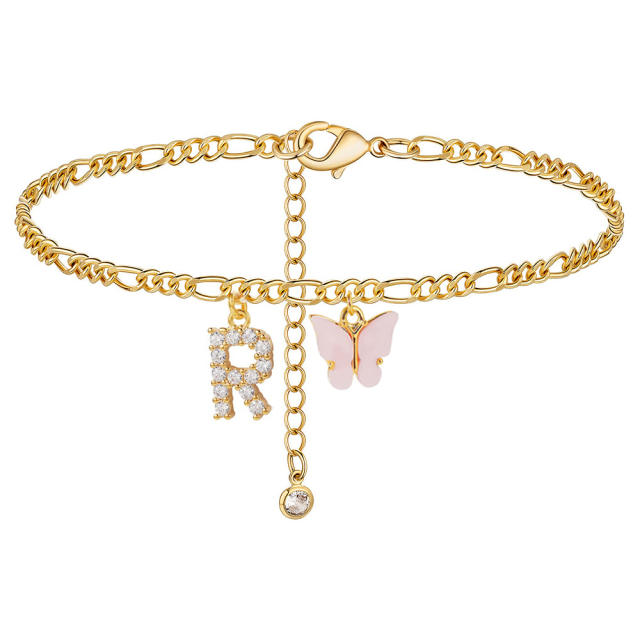 Boho delicate pink butterfly diamond initial letter charm figaro chain stainless steel anklet