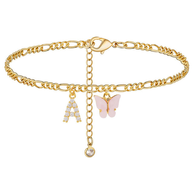 Boho delicate pink butterfly diamond initial letter charm figaro chain stainless steel anklet