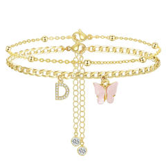 Delicate two layer pink butterfly diamond initial letter charm coppe anklet for women