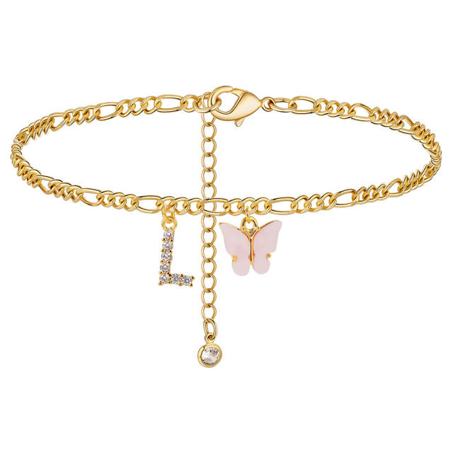 Boho delicate pink butterfly diamond initial letter charm figaro chain stainless steel anklet