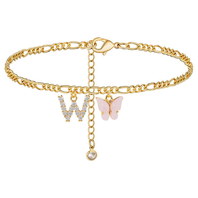 Boho delicate pink butterfly diamond initial letter charm figaro chain stainless steel anklet