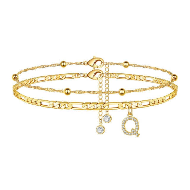Hot sale diamond initial letter cham two layer figaro chain anklet