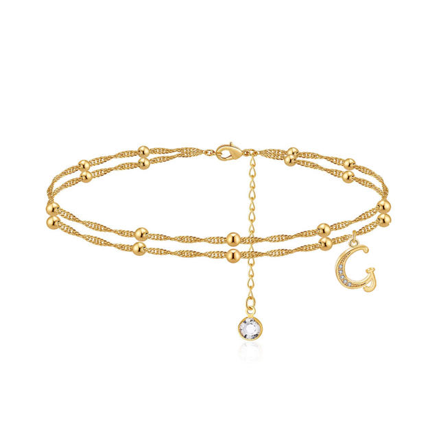 Delicate diamond initial letter charm two layer dainty women anklet