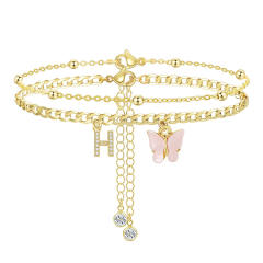 Delicate two layer pink butterfly diamond initial letter charm coppe anklet for women