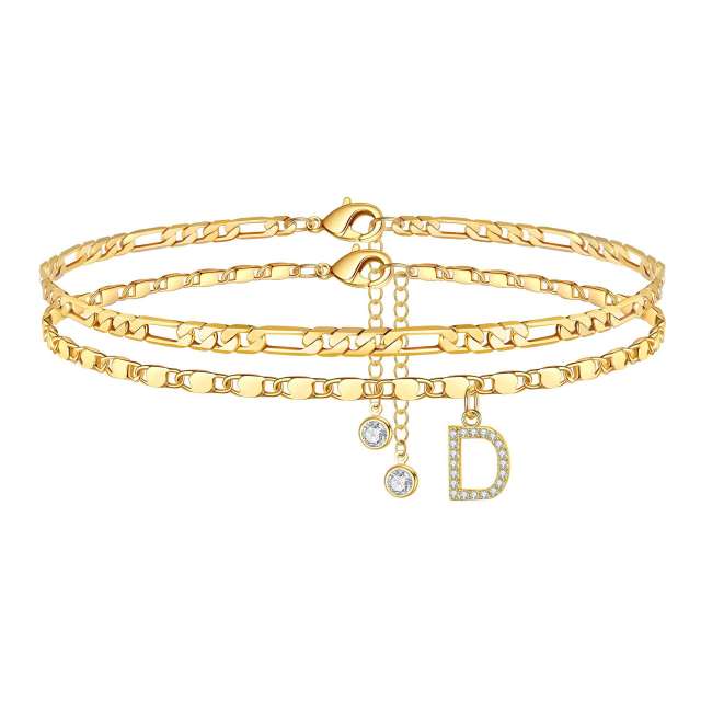 Delicate two layer stainless steel figaro chain diamond initial letter charm women anklet