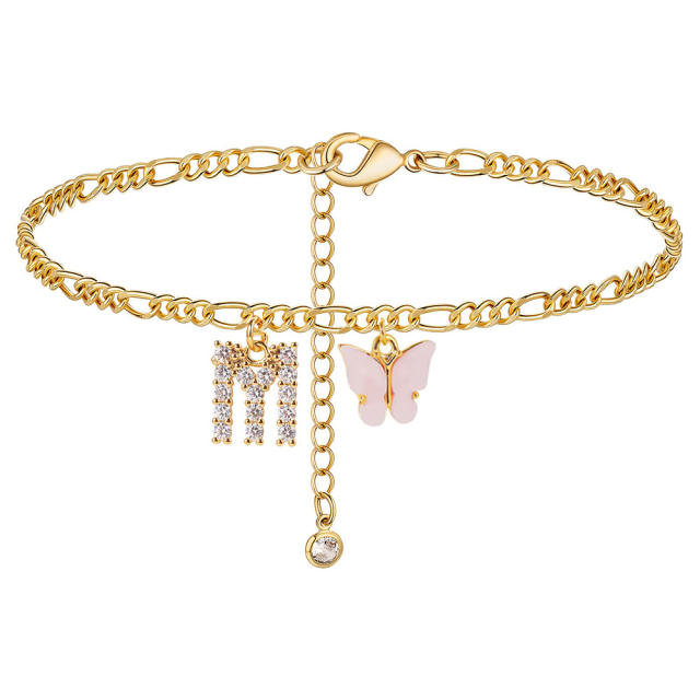 Boho delicate pink butterfly diamond initial letter charm figaro chain stainless steel anklet