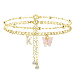 Delicate two layer pink butterfly diamond initial letter charm coppe anklet for women