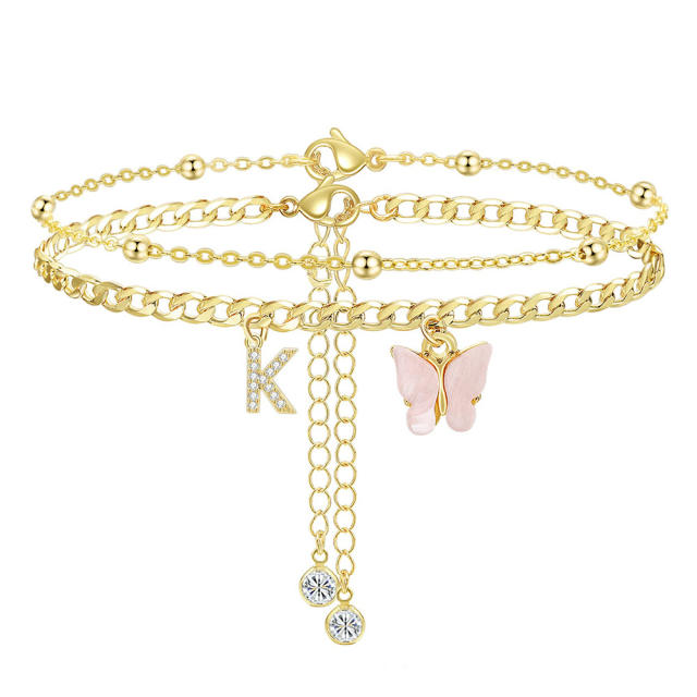 Delicate two layer pink butterfly diamond initial letter charm coppe anklet for women