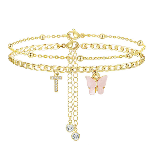 Delicate two layer pink butterfly diamond initial letter charm coppe anklet for women