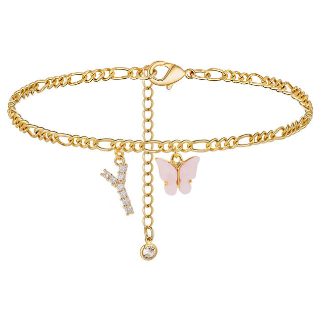 Boho delicate pink butterfly diamond initial letter charm figaro chain stainless steel anklet